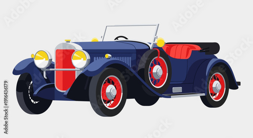 Vintage blue convertible car with red interior and spare tire.