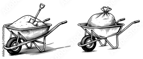 Hand drawn illustration of construction wheelbarrows with sand shovel and heavy bag