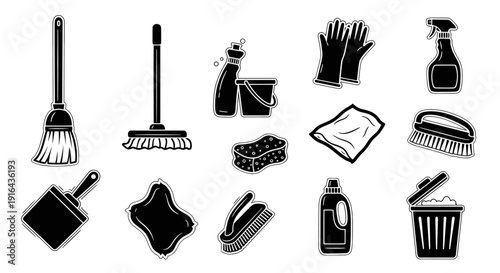 Collection of cleaning tools and supplies including brushes, sponges, sprays, gloves, and trash bin