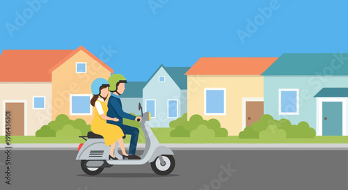 Couple Riding Scooter Past Colorful Houses on a Sunny Day.