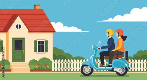 Couple Riding Scooter Past Suburban Home with White Fence.