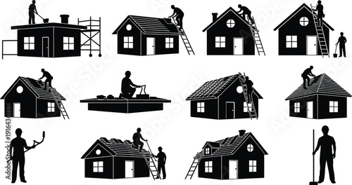Home construction and repair silhouette set showing workers on rooftops using ladders and tools, residential building maintenance, renovation, roofing, house improvement concept