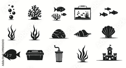 Collection of underwater and coastal elements including fish, coral, shells, seaweed, and a castle