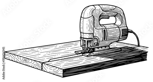 Electric jigsaw cutting wooden board in vintage hand drawn engraving style