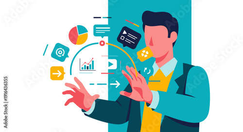 Man interacting with digital business data and analytics.