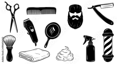 Collection of barber tools and grooming items including scissors, comb, razor, brush, mirror, spray, towels, foam, barber's head with beard, and a barber pole