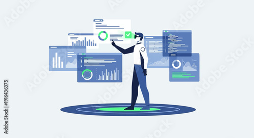 Man analyzing data on virtual screens with charts and graphs.