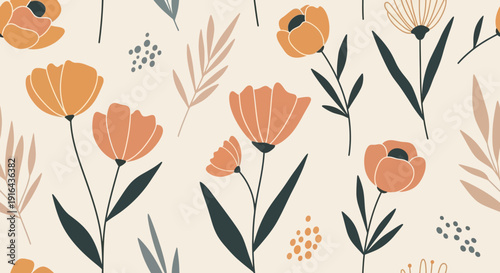 Seamless floral pattern with orange flowers and leaves on beige background.
