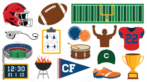 Sports illustration set for american football with drum stadium playbook and trophy icons