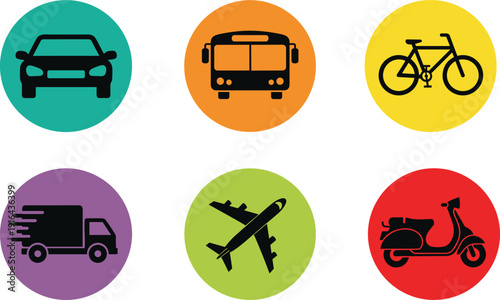 Transportation icon illustration set, car design, bus artwork, bicycle motif, delivery truck, airplane, scooter vector collection for travel, mobility, and logistics themes