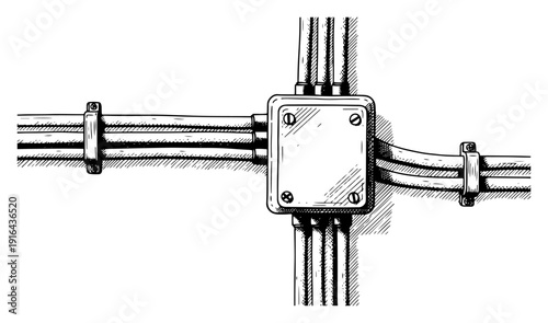 Hand drawn ink sketch of electrical junction box with conduits and pipes on a wall