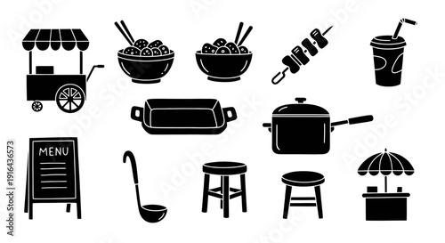 Collection of food stall, kitchenware, and snack icons including bowls, skewers, cups, and tables