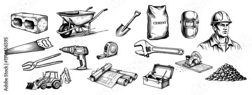Large collection of hand drawn ink sketches featuring various construction tools and equipment