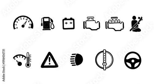 Collection of car engine, fuel pump, battery, coolant, oil, mechanic, gauge, warning, light, and steering icons