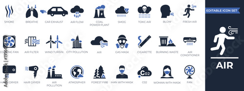 Air solid icon set for wind, atmosphere, oxygen, fan, pollution, smoke, ventilation, climate, weather dashboards, and environmental vector designs.