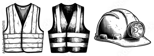 Safety gear equipment with reflective vests and hard hat in engraving style