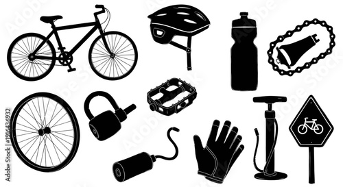Collection of bicycle accessories including helmet, water bottles, lock, chain, and safety signs
