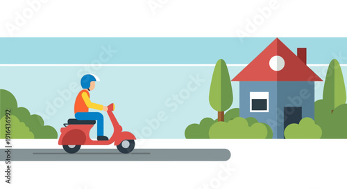 Delivery person riding scooter past suburban house.