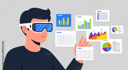 Man wearing virtual reality glasses with data visualization graphics.
