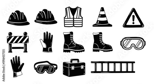 Collection of safety gear icons including helmets, vest, cone, warning sign, barrier, gloves, boots, goggles, toolbox, and ladder in black and white