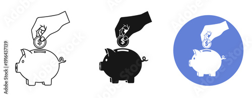 Piggy bank icon set with hand and coin in black, white, and blue variations