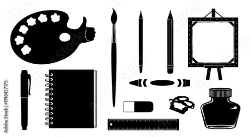 Collection of art supplies including a painter's palette, brushes, pens, notebook, ruler, and paint jar