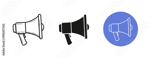 Set of megaphone icons: sketch, solid black, and blue circle variants