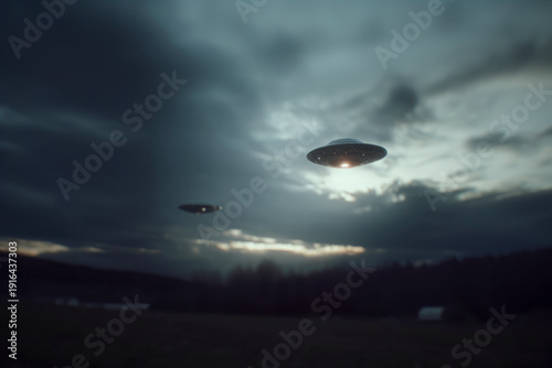 Two UFOs hovering under a cloudy sky.