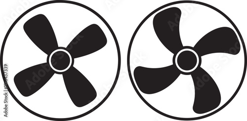 Two black fan blades inside circles, symbolizing air movement, cooling, or ventilation systems