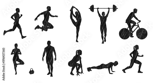 Collection of black silhouette figures exercising various physical activities and sports