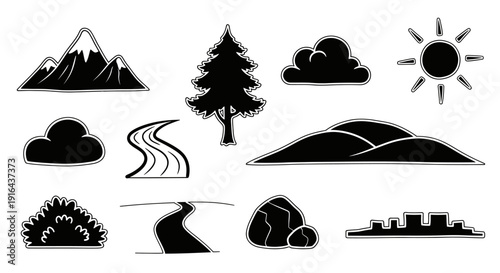 Collection of black and white outdoor landscape icons including mountains, trees, clouds, sun, hills, path, bush, rock, and city silhouette