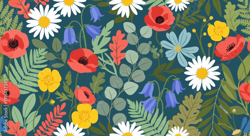 Vibrant floral pattern with colorful flowers and lush foliage.