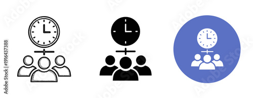 Time management icons: people and clock variants on white and blue background