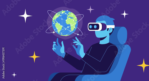 Person wearing virtual reality headset interacting with digital globe.