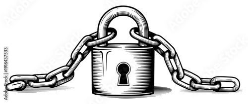 Detailed ink sketch of a heavy padlock secured with a metal chain for protection and safety