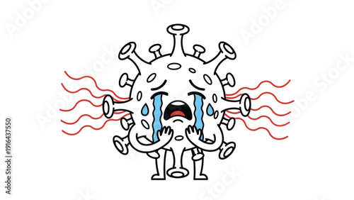 Crying coronavirus character with red wavy lines representing viral transmission and the global impact of the pandemic crisis.