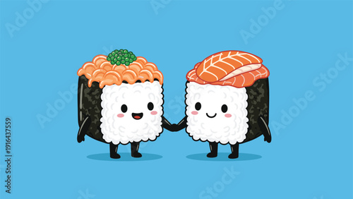 Two cute sushi roll characters holding hands and smiling on a bright blue background celebrate friendship and japanese food.