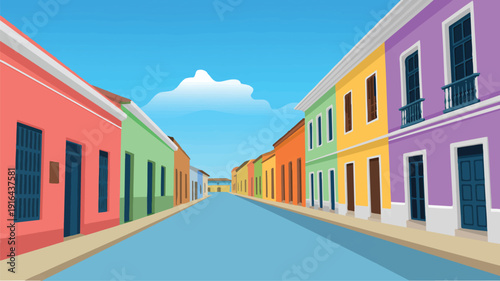 Low angle perspective of colorful colonial style street with vibrant facades and soft white clouds in blue sky vector