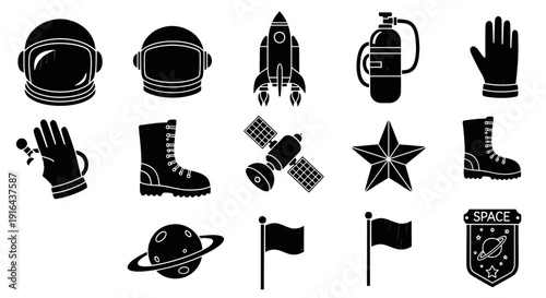 Space-themed icons including astronaut helmet, rocket, satellite, glove, boot, star, planet, flags, and space badge