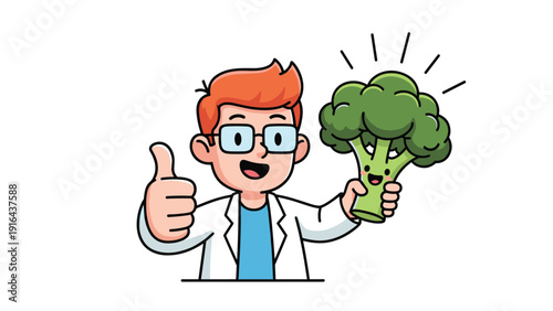 Friendly scientist in a lab coat gives a thumbs up while holding a happy broccoli character to promote healthy eating habits.