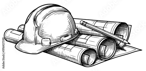 Hand drawn ink sketch of a construction hard hat and rolled blueprints with a pencil