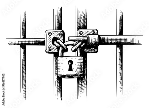 Secure metal padlock on iron gate bars in classic vintage engraving style