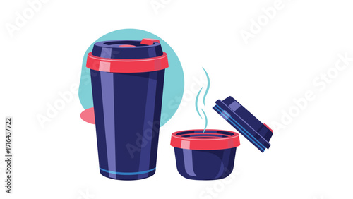 Tall reusable blue coffee cup stands next to a small cup with steam rising to represent eco-friendly morning beverage habits.