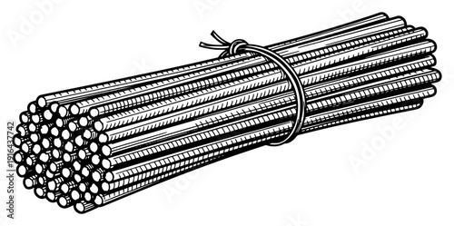 Large bundle of industrial metal rods tied together in vintage engraving style