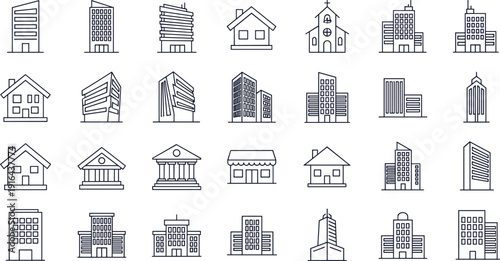 Building architecture line icons set featuring house office skyscraper church bank store urban infrastructure vector illustration collection isolated