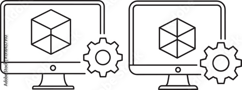 Two computers displaying a 3D cube icon with connecting gears, symbolizing CAD or digital design process