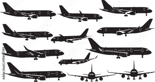 Collection of airplane silhouettes in various flight positions vector