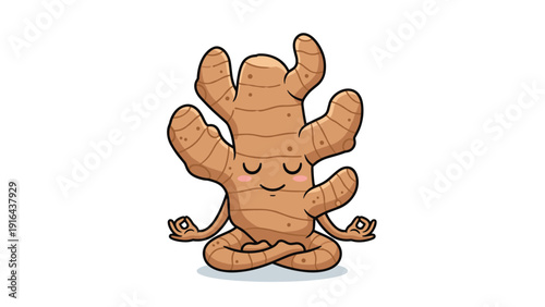 Peaceful ginger root cartoon character sitting in a lotus yoga pose for wellness and healthy lifestyle concepts.