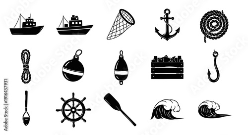 Collection of black nautical icons including boats, fishing gear, marine symbols, and ocean waves