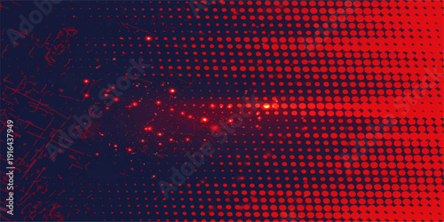 A vibrant red digital backdrop featuring glowing neon circles and a textured mosaic design